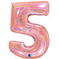 Grabo foil glitter holo rose gold number 5 balloon, 40 inches tall, shiny metallic finish for celebrations and events.