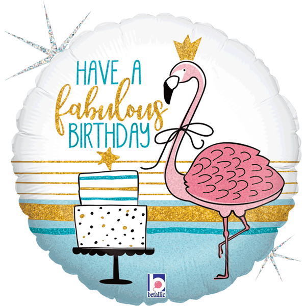 Holographic flamingo foil balloon for 18th birthday celebration, branded Grabo, shiny and colorful with a tropical design.