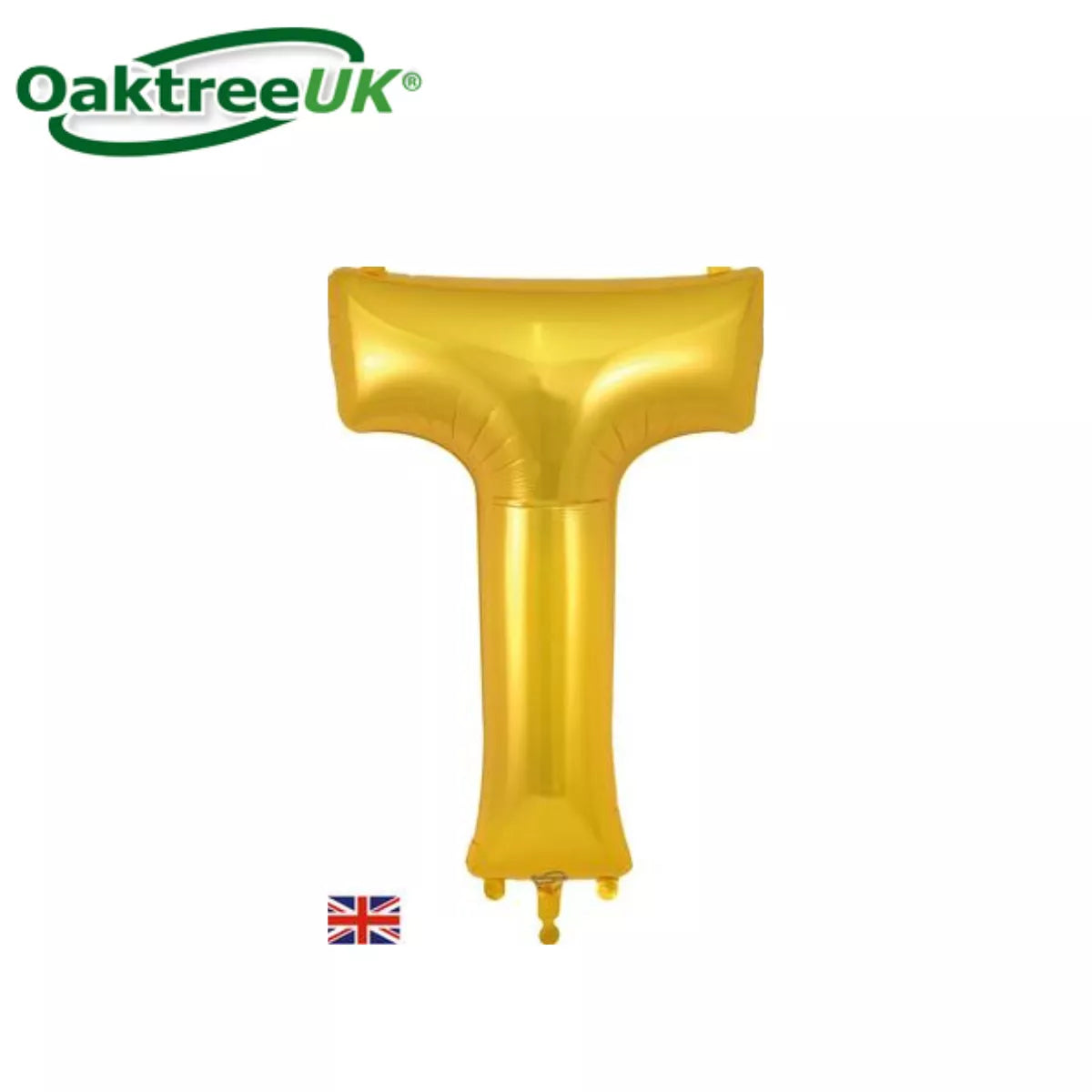 Oaktree gold foil balloon shaped as the letter T, 34 inches tall, with shiny metallic finish for celebrations and decorations.