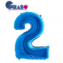Blue 40-inch Grabo foil number 2 balloon, shiny metallic finish, inflated and ready for celebration.