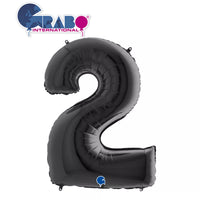 Black 40-inch Grabo foil balloon shaped as the number 2, shiny metallic finish, suitable for celebrations and decorations.