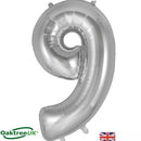 Silver Oaktree foil balloon shaped as the number 9, 34 inches tall, for celebrations and event decorations.