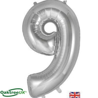 Silver Oaktree foil balloon shaped as the number 9, 34 inches tall, for celebrations and event decorations.