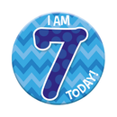 Six small birthday badges with age 7 design by Tiger Feet, featuring colorful and festive graphics for celebrating a seventh birthday.