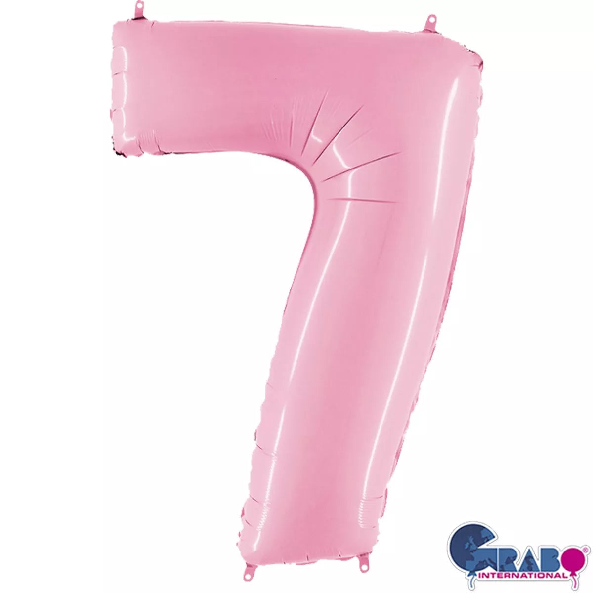 Pastel pink 40-inch Grabo foil number 7 balloon, shiny metallic surface, suitable for celebrations and decorations.