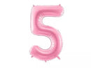 PartyDeco pink foil balloon in the shape of number 5, 34 inches tall, suitable for celebrations and party decorations.