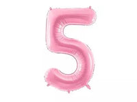 PartyDeco pink foil balloon in the shape of number 5, 34 inches tall, suitable for celebrations and party decorations.