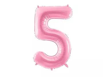 PartyDeco pink foil balloon in the shape of number 5, 34 inches tall, suitable for celebrations and party decorations.