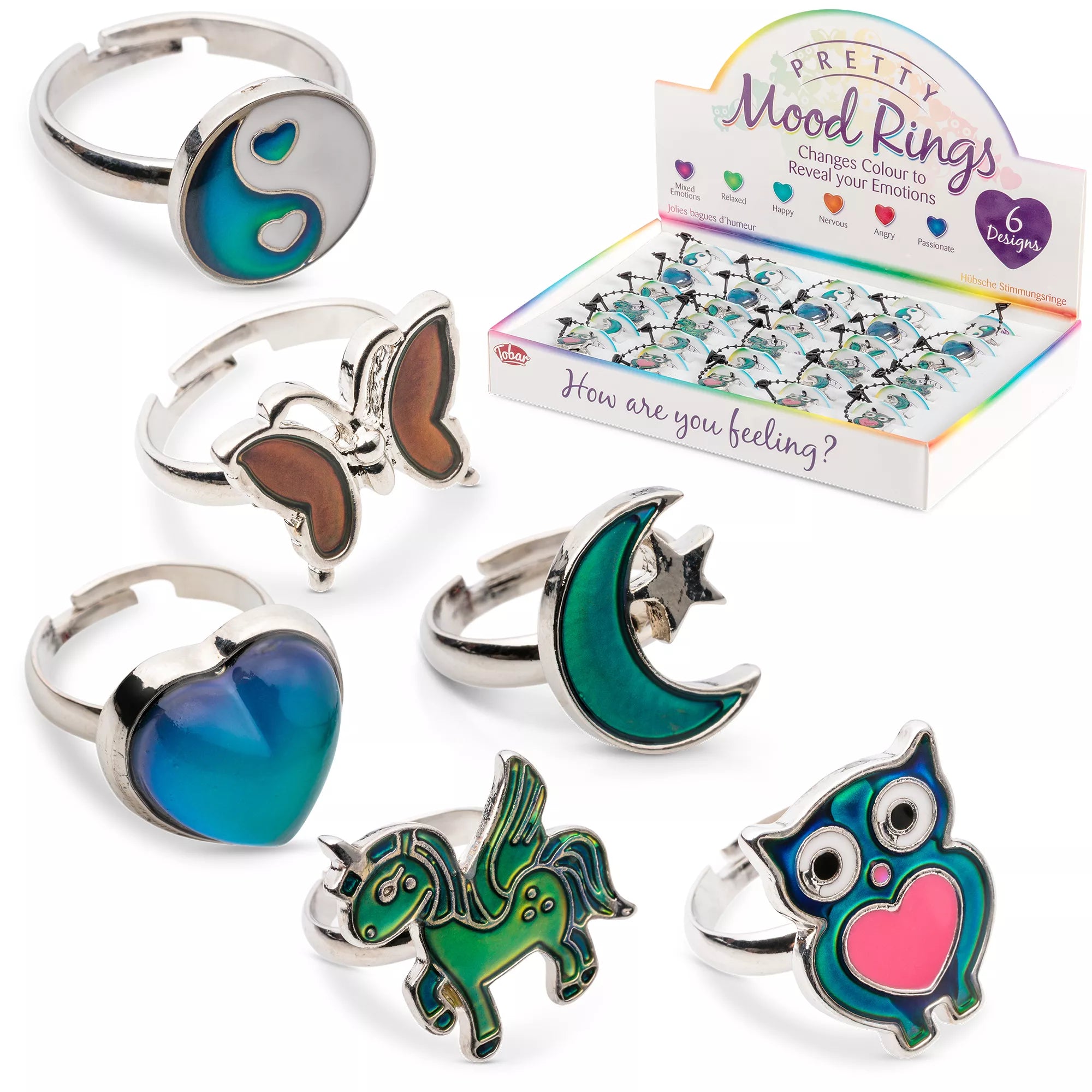 Set of 30 colorful mood rings from One For Fun, toy jewelry with changing colors that reflect mood.