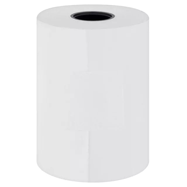Merley thermal till rolls 57x53x12.7mm, 20-pack, for shop equipment, showing rolls with white thermal paper in a retail setting.