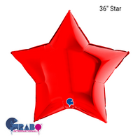 Red star foil balloon by Grabo, 36-inch metallic balloon for celebrations, shown inflated with shiny red surface.
