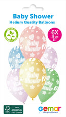 Six Gemar Baby Shower 13-inch printed latex balloons with cute baby-themed designs, perfect for celebration decorations.