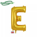 Gold Oaktree foil balloon in the shape of the letter E, measuring 34 inches, with shiny metallic finish.