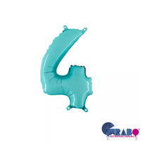 Pastel blue Grabo foil balloon shaped as the number 4, measuring 14 inches, ideal for celebrations and decorations.