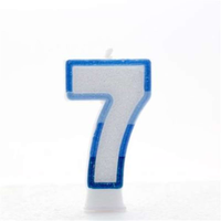 APAC 6-pack blue number 7 party candles for celebrations, featuring tall, colorful candles with a number 7 design.