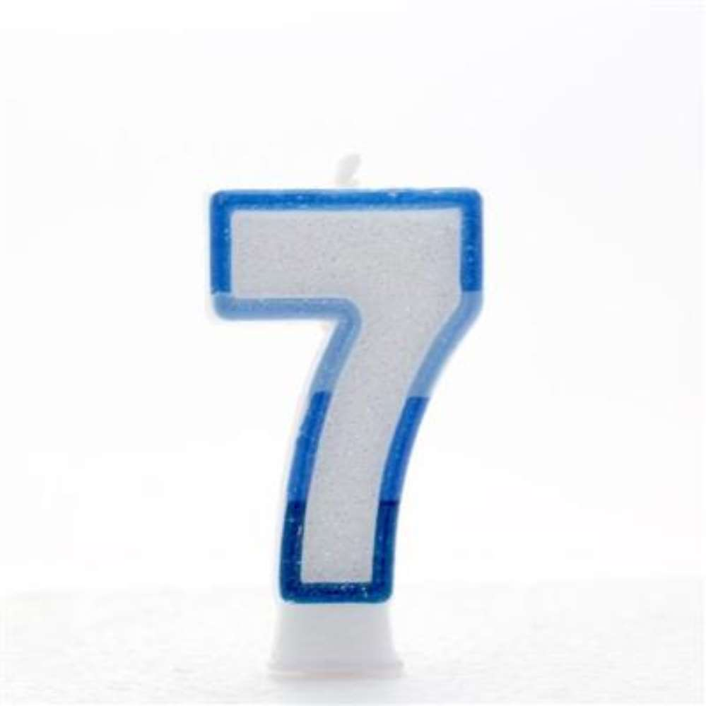 APAC 6-pack blue number 7 party candles for celebrations, featuring tall, colorful candles with a number 7 design.