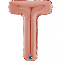 Grabo 26-inch rose gold foil letter T balloon, shiny metallic surface, inflated and ready for celebration.