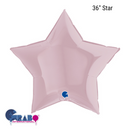 Pastel pink star-shaped foil balloon by Grabo, 36 inches tall, featuring shiny metallic surface and festive design.