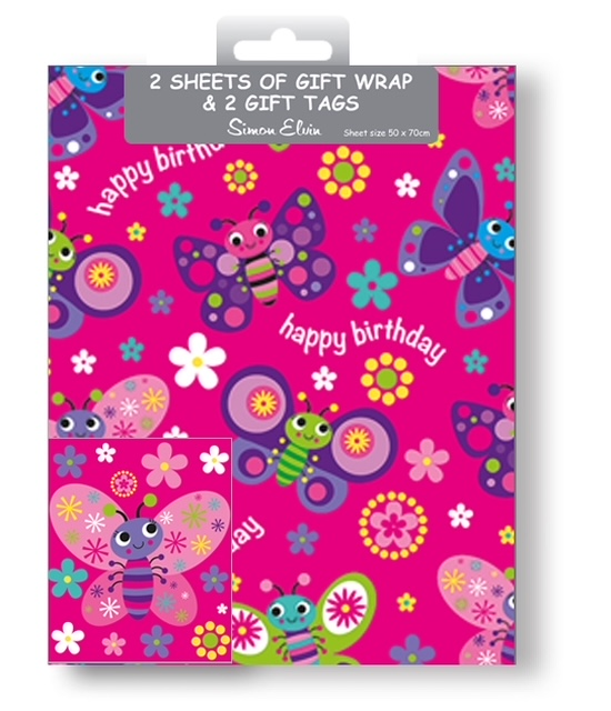 12pk Folded Wrap & Tags Butterflies Pink