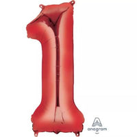 Red Anagram foil balloon shaped as the number 1, 34 inches tall, with shiny metallic finish and printed "1" numeral design.