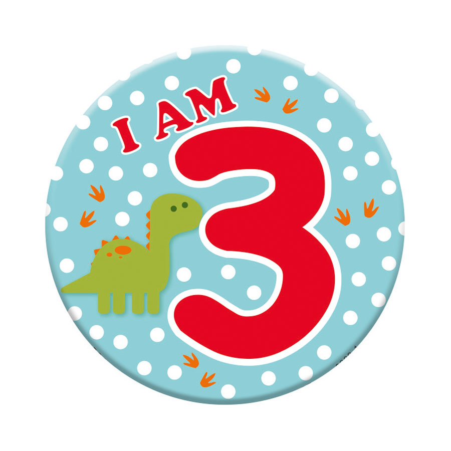 Six small birthday age badges by Tiger Feet, featuring colorful designs for celebrating age three.