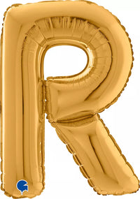 Gold Grabo foil balloon in the shape of the letter R, 26 inches tall, shiny and reflective for celebrations and events.