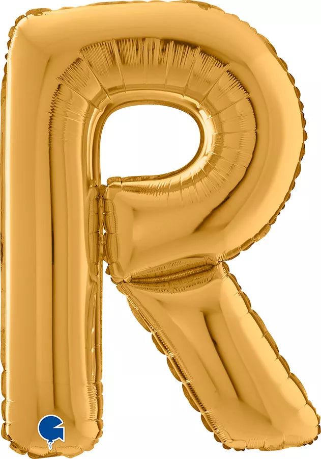 Gold Grabo foil balloon in the shape of the letter R, 26 inches tall, shiny and reflective for celebrations and events.