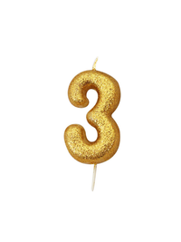 Gold glitter number 3 party candle by Creative Party, 7cm tall, with a shiny glitter finish and a wick for celebration cakes.