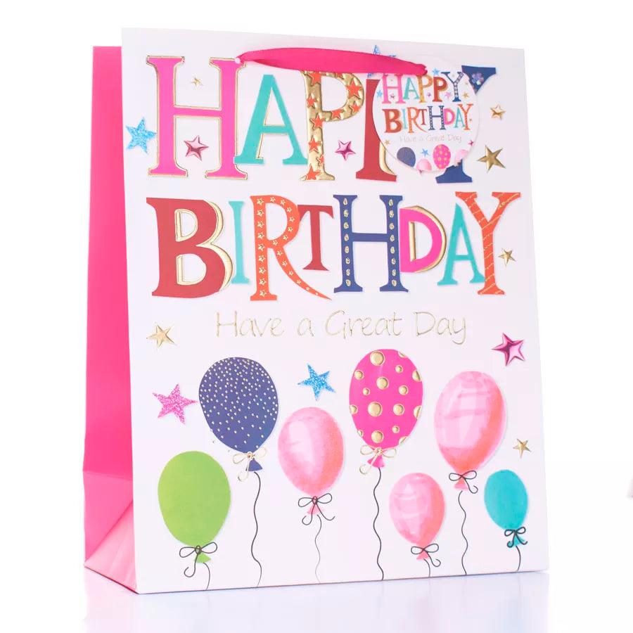 Large Tulip gift bag with colorful happy birthday balloons design, perfect for celebrating special occasions.