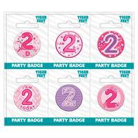 Six small birthday badges with the age number 2 from Tiger Feet, ideal for celebrating a second birthday.