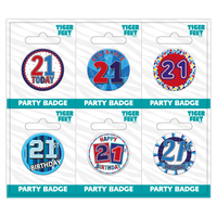 Six small Tiger Feet birthday badges displaying the number 21 for celebrating age milestones.