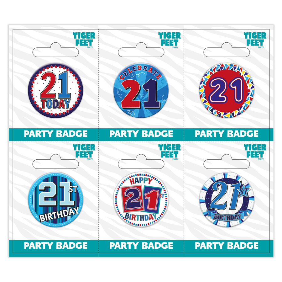 Six small Tiger Feet birthday badges displaying the number 21 for celebrating age milestones.