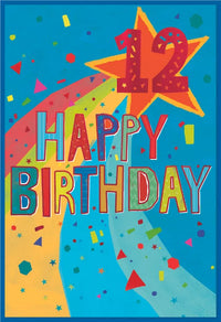 Simon Elvin C50 birthday cards featuring the age 12, six-pack, colorful designs for celebrating a 12th birthday.