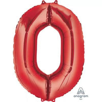 Red 34-inch Anagram foil number 0 balloon, shiny and metallic, perfect for celebrations and party decorations.