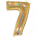 Grabo foil balloon in holographic gold with glitter, shaped as the number 7, measuring 40 inches tall.
