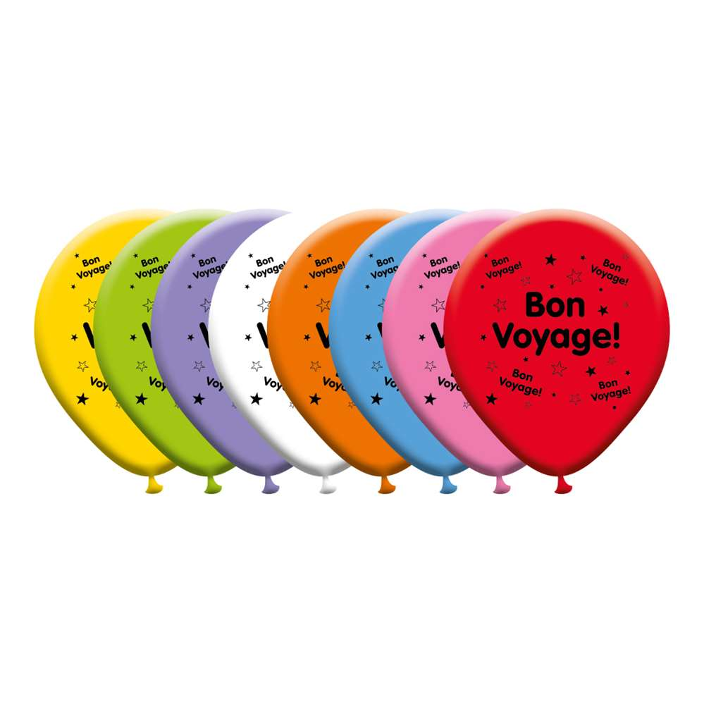 Eight Giftzone latex printed balloons with "Bon Voyage" design, ideal for travel-themed celebrations or parties.