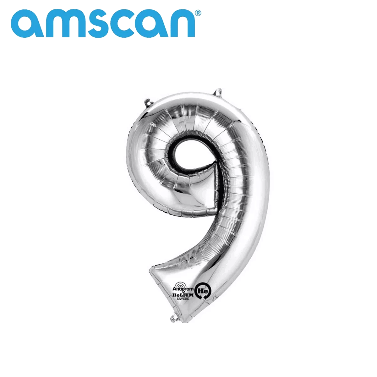 Silver 16-inch Anagram foil balloon shaped as the number 9, shiny and reflective, perfect for celebrations and party decorations.