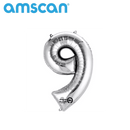 Silver 16-inch Anagram foil balloon shaped as the number 9, shiny and reflective, perfect for celebrations and party decorations.