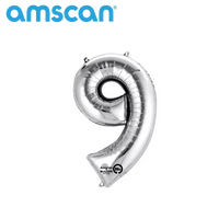 Silver 16-inch Anagram foil balloon shaped as the number 9, shiny and reflective, perfect for celebrations and party decorations.