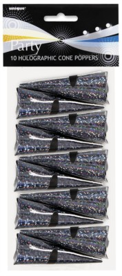 Unique Cone Party Poppers Black Holographic 10pk