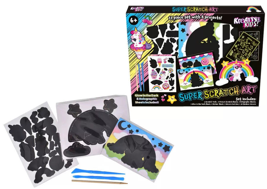 Kandy Toys Super Scratch Art Kit with colorful scratch boards and tools for creative craft projects and artistic fun.