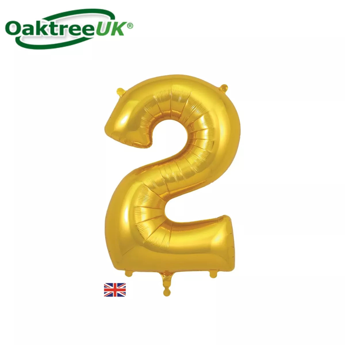 Gold Oaktree foil number 2 balloon, 34-inch size, shiny metallic finish, designed for celebrations and special occasions.