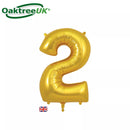 Gold Oaktree foil number 2 balloon, 34-inch size, shiny metallic finish, designed for celebrations and special occasions.