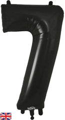 Oaktree black foil balloon shaped as the number 7, measuring 34 inches tall, with a shiny metallic finish.