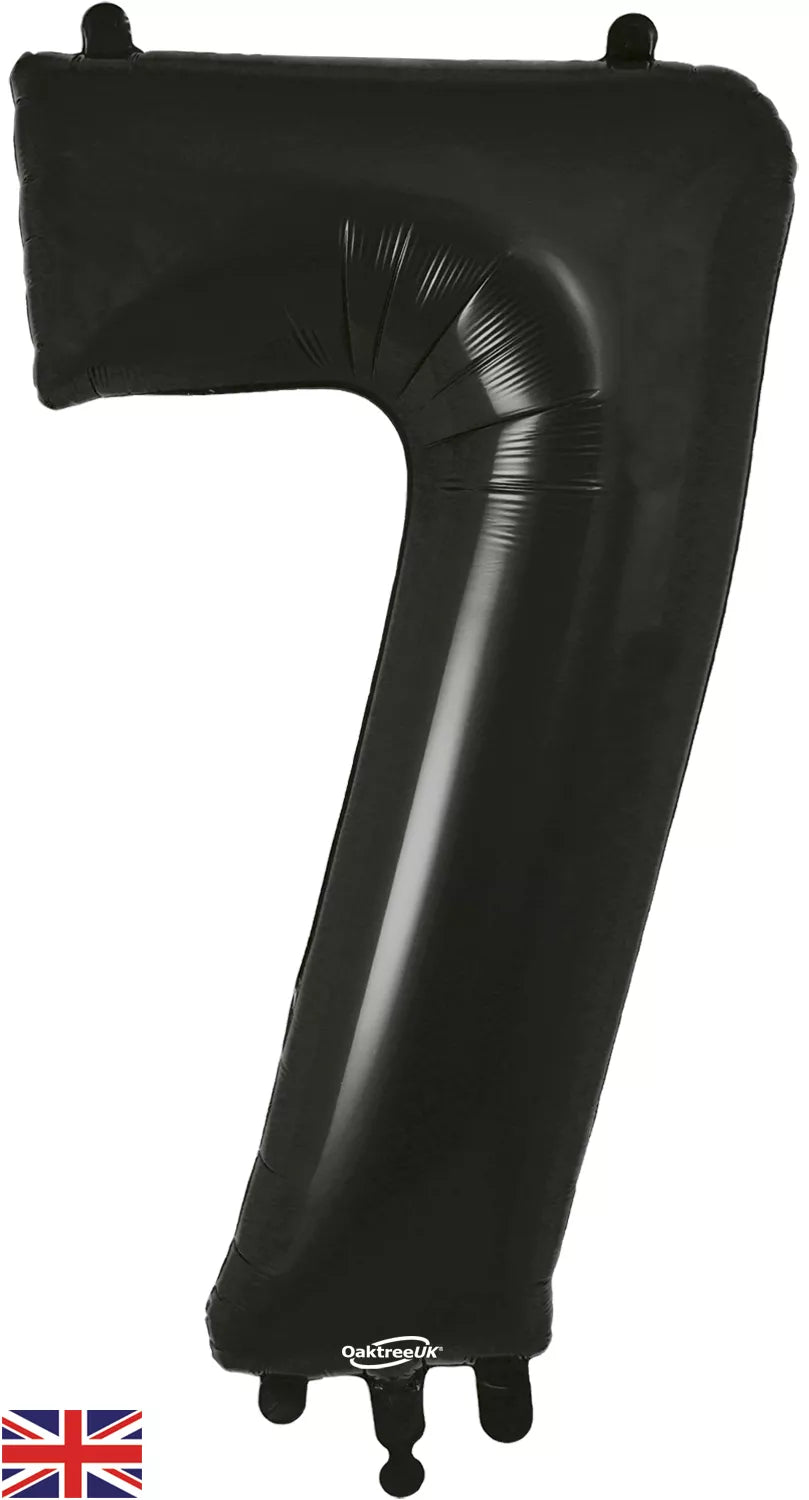 Oaktree black foil balloon shaped as the number 7, measuring 34 inches tall, with a shiny metallic finish.
