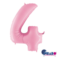 Pastel pink Grabo foil number 4 balloon, 26-inch size, shiny and reflective, suitable for celebrations and decorative occasions.