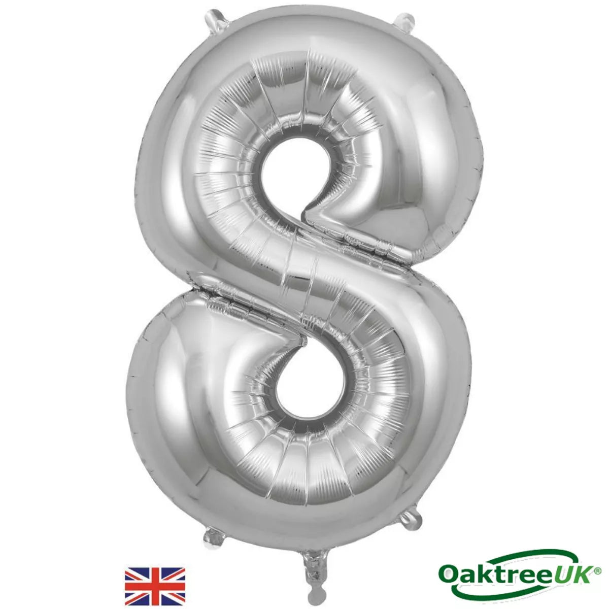 Silver Oaktree foil balloon shaped as the number 8, measuring 34 inches, suitable for celebrations and decorations.