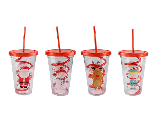 Christmas Cup W/Straw 650ml 4pk