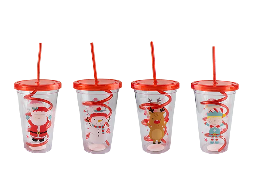 Christmas Cup W/Straw 650ml 4pk