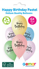 Gemar birthday pastel latex balloons in 13-inch size, printed with colorful designs, set of six for celebration decorations.